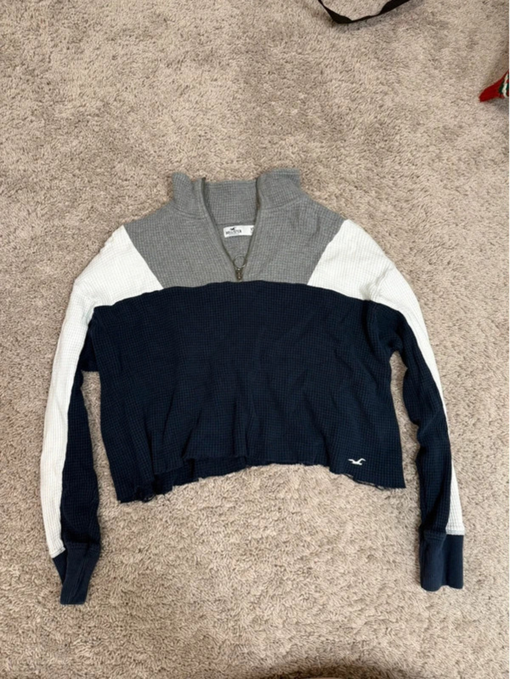 Hollister Cropped Waffle Knit Quarter Zip Pullover XS Navy Gray White Colorblock
